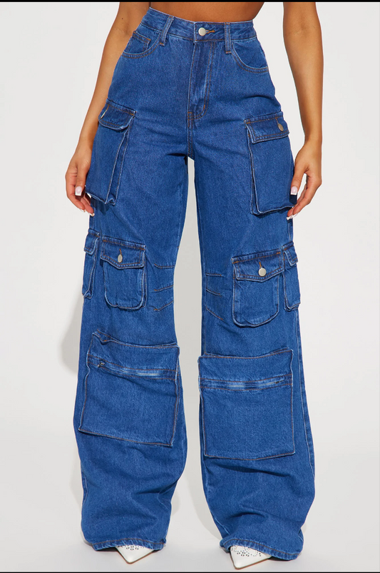 Tall Lily High Rise Cargo Jeans - Medium Blue Wash